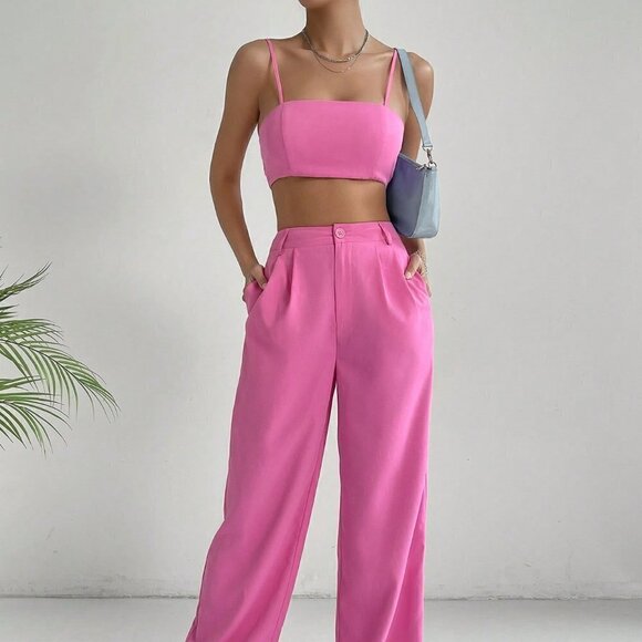 Casual Crop Cami Top & Wide Leg Pants Pink - Picture 5 of 5